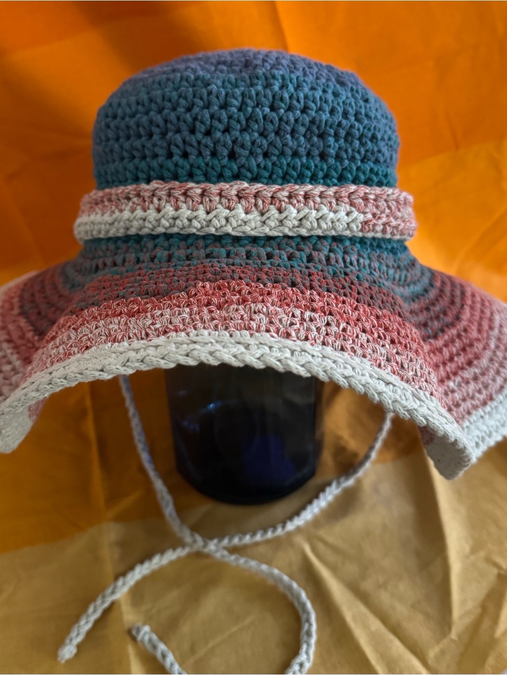 Handmade Crocheted Sun Hat in Teal, Coral & Cream